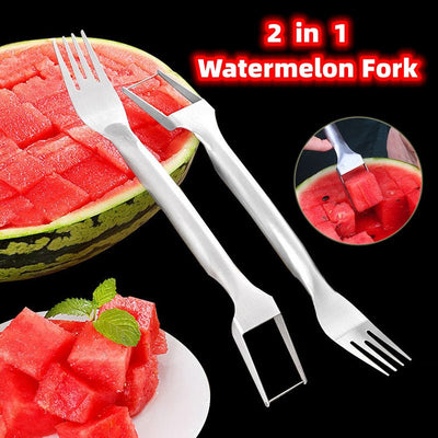 2 In 1 Watermelon Fork Slicer Multi-purpose Stainless Steel Watermelon Slicer Cutter Kitchen Fruit Cutting Fork Fruit Divider Kitchen Gadgets - Just4U
