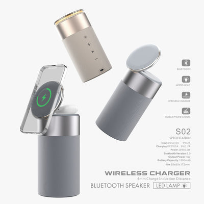 3 In 1 Multi-Function IPhone And AirPods Wireless Charger Portable Bluetooth Speaker With Touch Lamp For Home And Office - Just4U