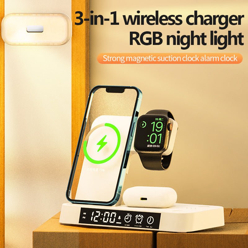 4 In 1 Multifunction Wireless Charger Station With Alarm Clock Display Foldable Wireless Charger Stand With RGB Night Light - Just4U