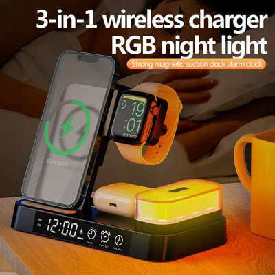 4 In 1 Multifunction Wireless Charger Station With Alarm Clock Display Foldable Wireless Charger Stand With RGB Night Light - Just4U