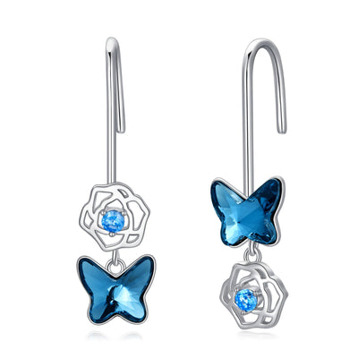 Butterfly Earrings 925 Sterling Silver Drop Earring Elegant Blue Crystal Butterflies Wings Dangle Earring Cute Flower Jewelry Birthday Gift - Just4U