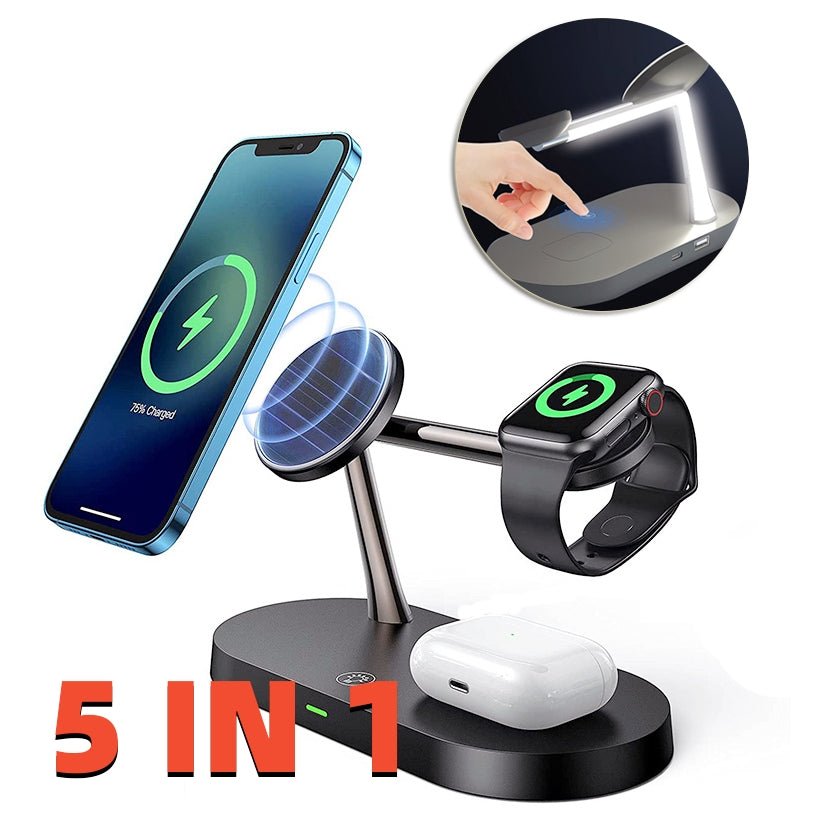 Multifunctional Five-In-One Magnetic Wireless Charging Watch Headset Desktop Mobile Phone Holder Charger 15W Fast Charge - Just4U